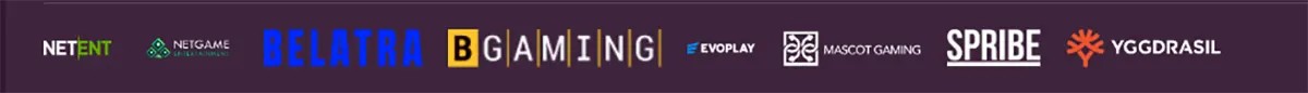 Casino game provider logos displayed in a row, including NetEnt, NetGame, Belatra, BGaming, Evoplay, Mascot Gaming, Spribe, and Yggdrasil.