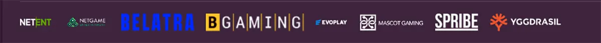 Casino game provider logos displayed in a row, including NetEnt, NetGame, Belatra, BGaming, Evoplay, Mascot Gaming, Spribe, and Yggdrasil.