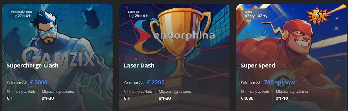 Three casino tournament promotion cards showing “Supercharge Clash” with a superhero character and a €2,000 prize pool, “Laser Dash” with a trophy and a €2,200 prize pool, and “Super Speed” with a comic-style speedster offering 700 free spins, each displaying entry requirements and countdown timers.
