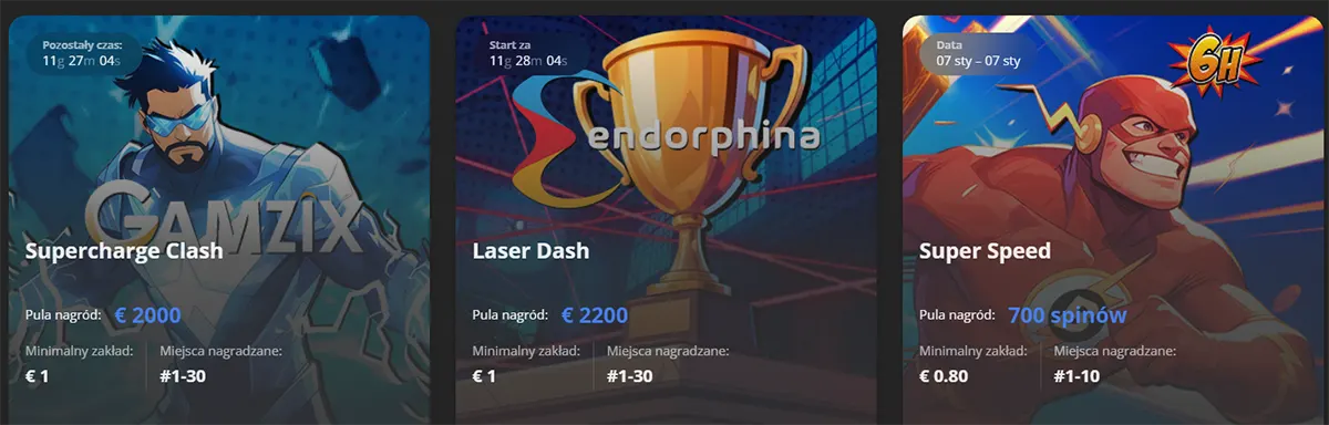 Three casino tournament promotion cards showing “Supercharge Clash” with a superhero character and a €2,000 prize pool, “Laser Dash” with a trophy and a €2,200 prize pool, and “Super Speed” with a comic-style speedster offering 700 free spins, each displaying entry requirements and countdown timers.
