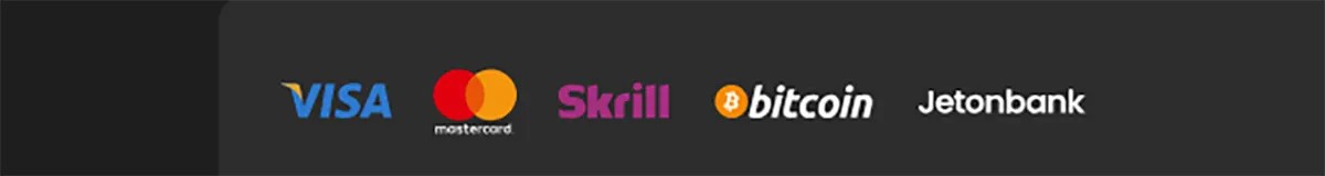 Payment methods icons showing Visa, Mastercard, Skrill, Bitcoin, and Jetonbank logos on a dark background.