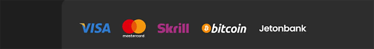 Payment methods icons showing Visa, Mastercard, Skrill, Bitcoin, and Jetonbank logos on a dark background.