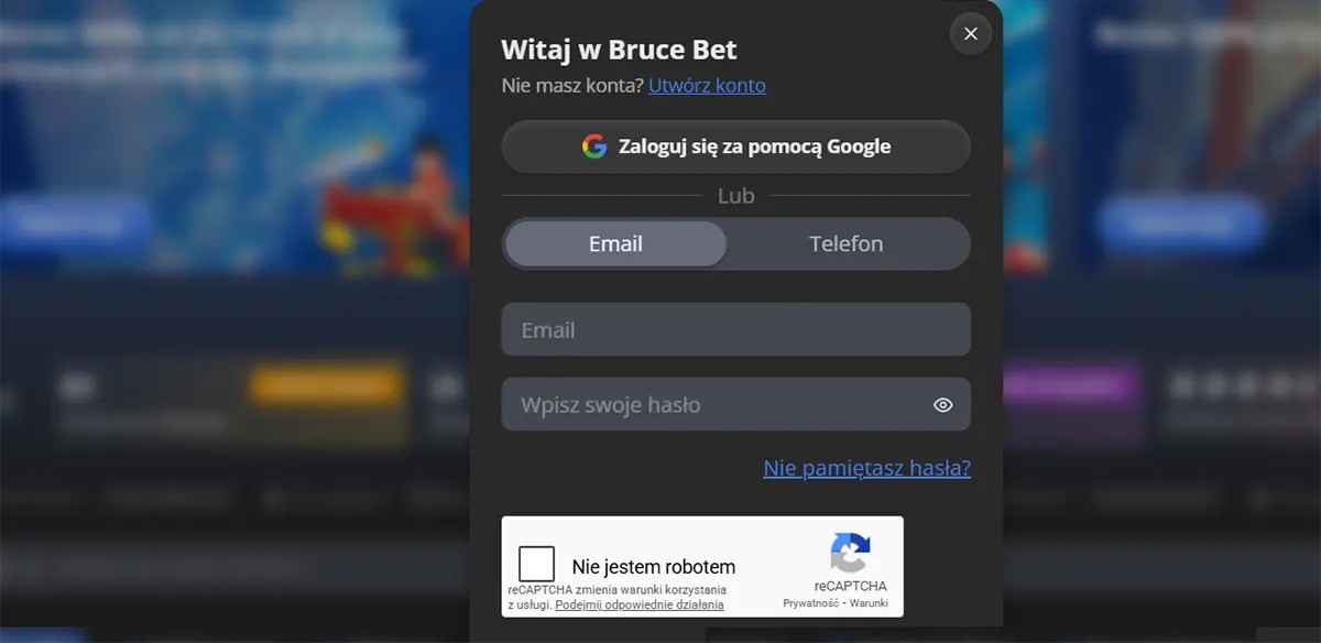Bruce Bet login popup with options to sign in via Google or email, fields for email and password, a forgot password link, and a reCAPTCHA verification checkbox over a blurred casino background.