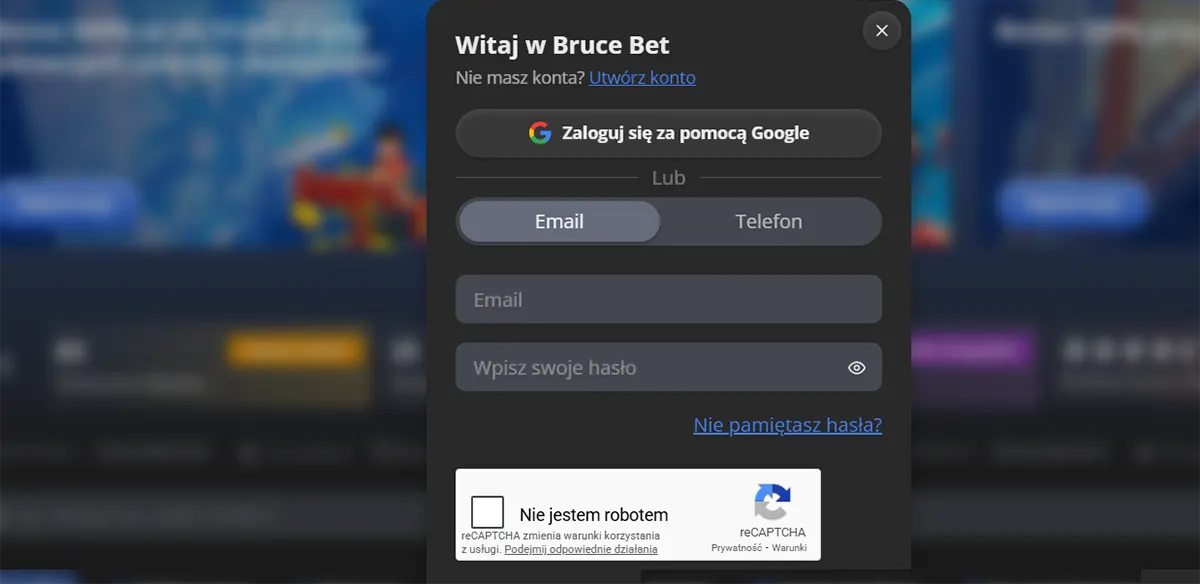 Bruce Bet login popup with options to sign in via Google or email, fields for email and password, a forgot password link, and a reCAPTCHA verification checkbox over a blurred casino background.
